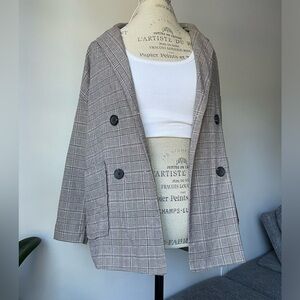 Grey brown checked oversized blazer